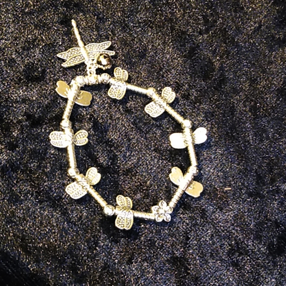 Bracelet Silver Dragonfly Flower Stretch